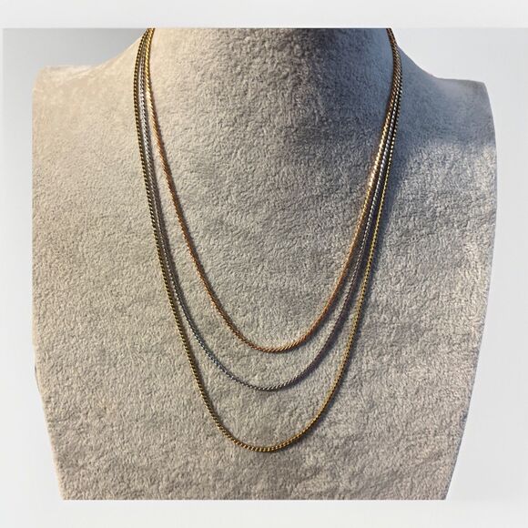 Vintage Krementz 3 Strand Multi Tone Chain Necklace Rose, Yellow Gold & Silver - Picture 2 of 8